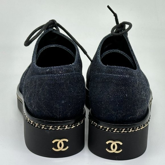 CHANEL 20K Denim Leather Chain Cap Toe Lace Up Oxford Heels Loafers Shoes - Picture 7 of 16